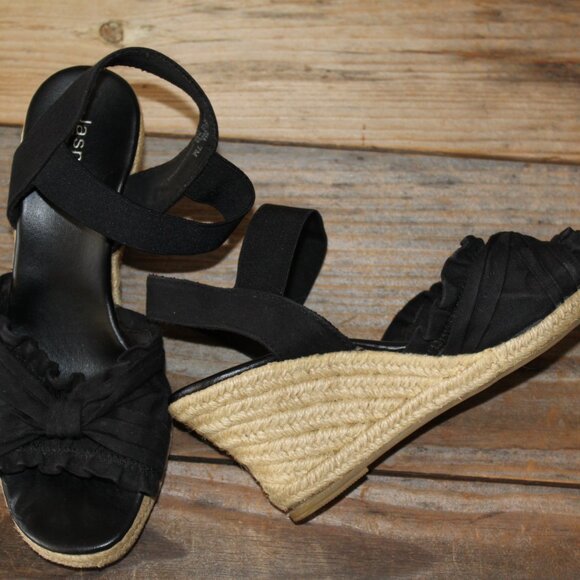 Jasmin Bueno Black Sandals Jute Wedge Criss-Cross Front Canvas Size 7 Pre-Loved - Picture 8 of 9